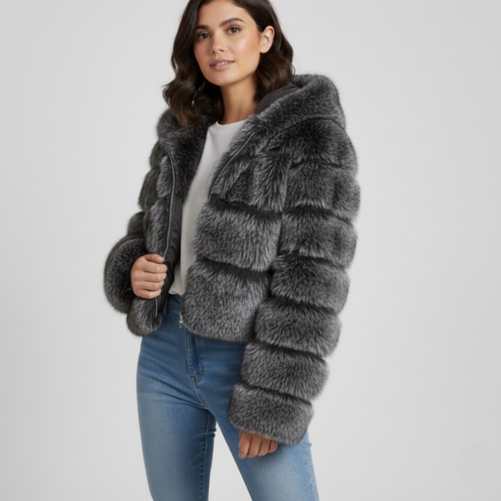 Elegant Charcoal Hooded Teddy Jacket